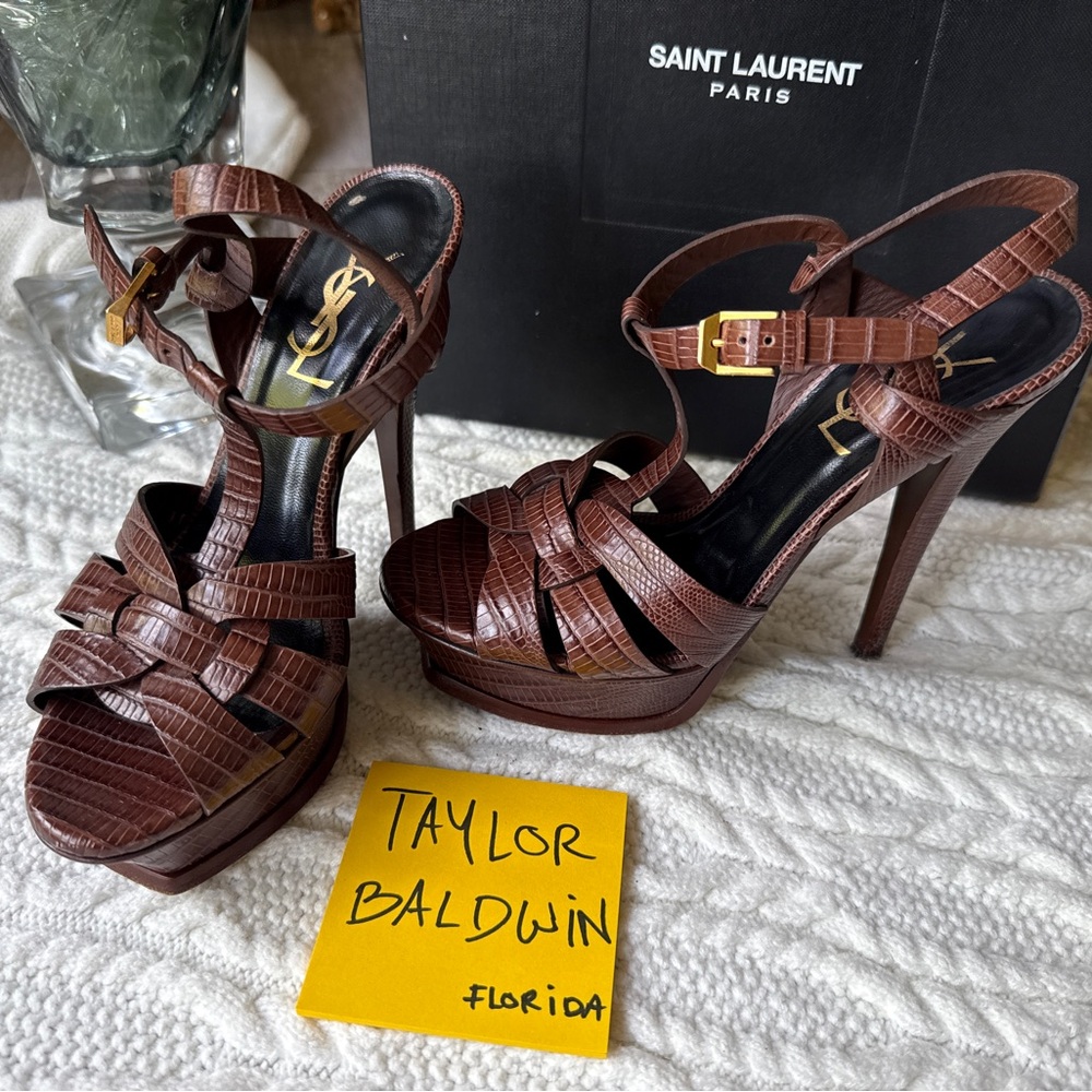 Saint Laurent Brown Strappy Heels with Platform
